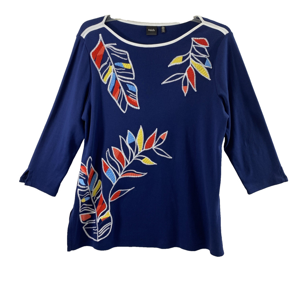 Rafaella Top Womens XL Blue Artsy Embroidered Leaves Tunic Blouse Autumn Fall‎